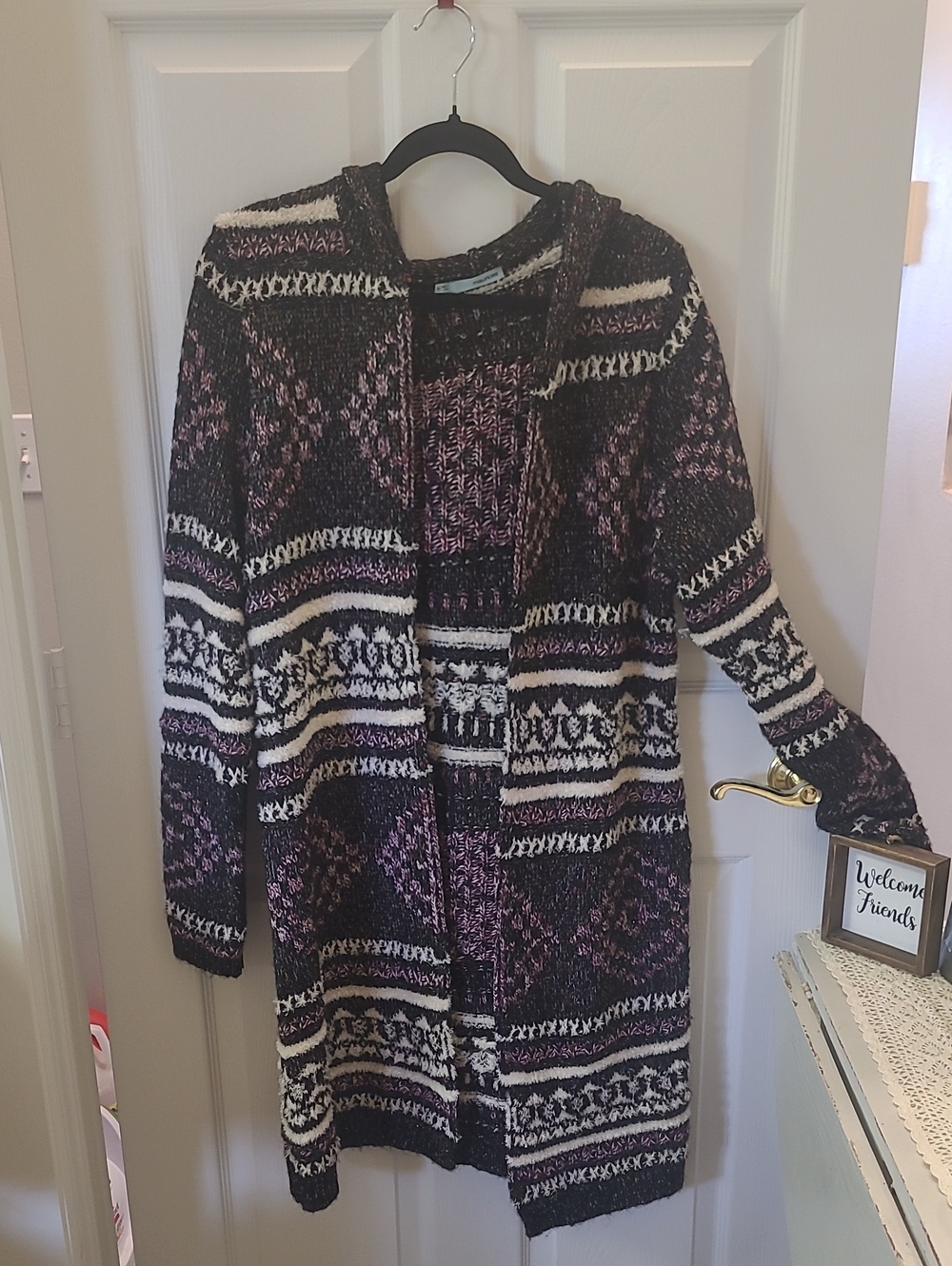 Maurices Black, Purple and Cream Hooded Knit Cardigan Bin 7